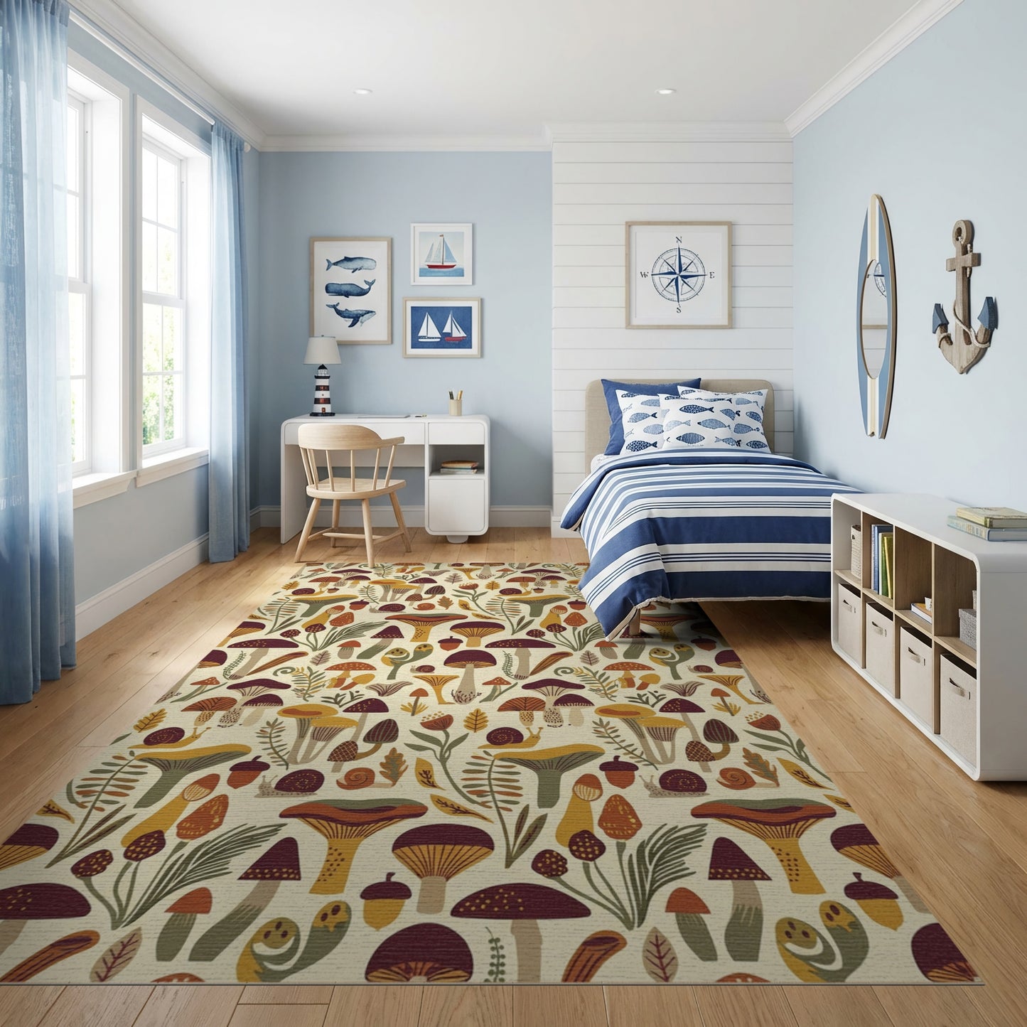 Whimsical Mushroom Fern Acorn Snail Rug