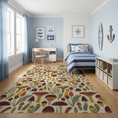 Whimsical Mushroom Fern Acorn Snail Rug