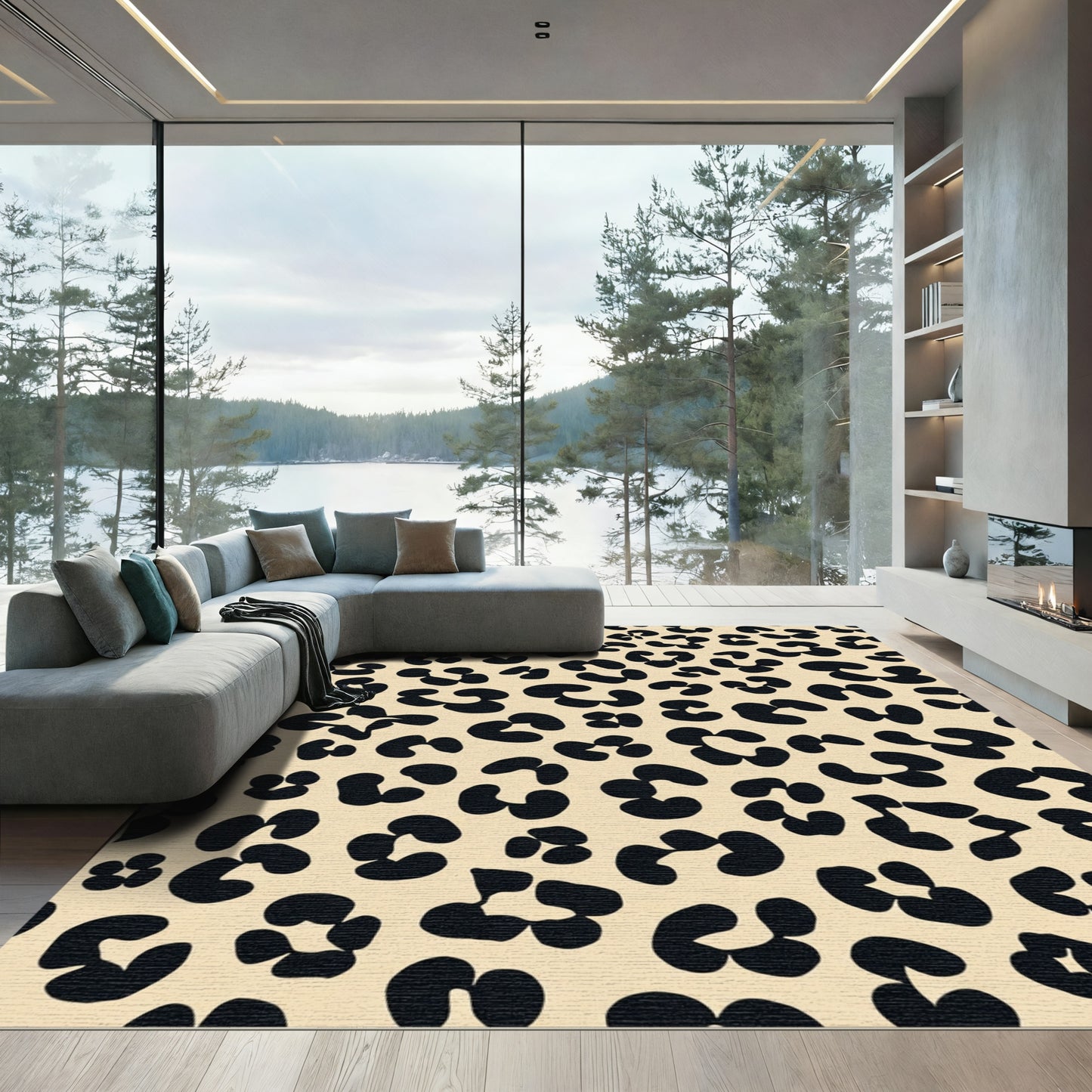 Cream Black Leopard Spots Rug