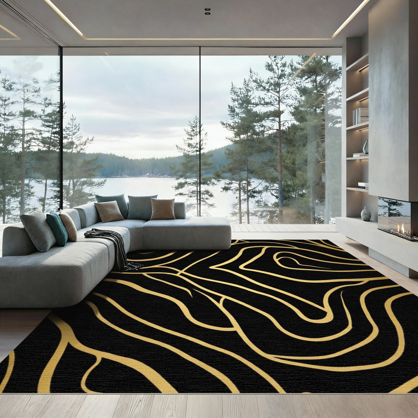 Bold Black Gold Wavy Lines Rug