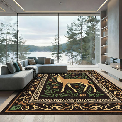 Rustic Deer Floral Border Rug