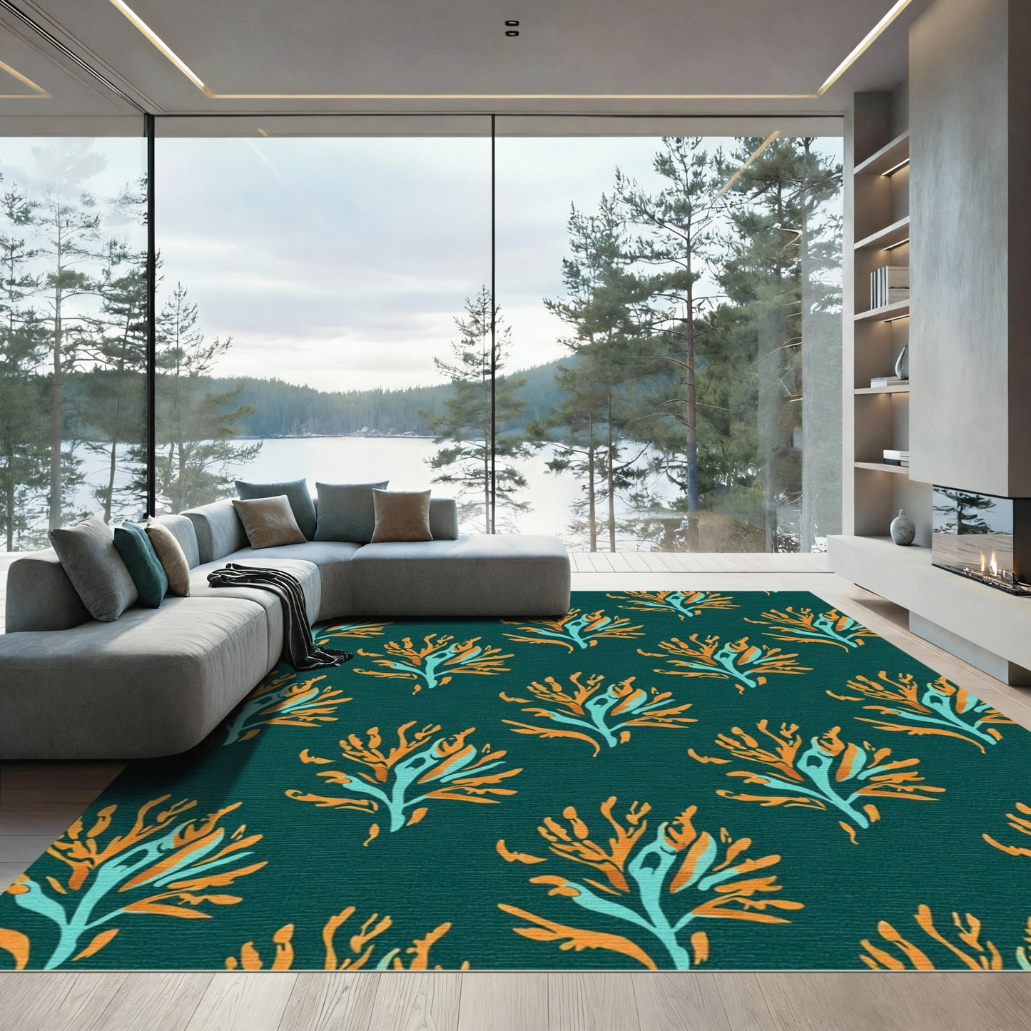 Teal Orange Coral Branch Pattern Rug