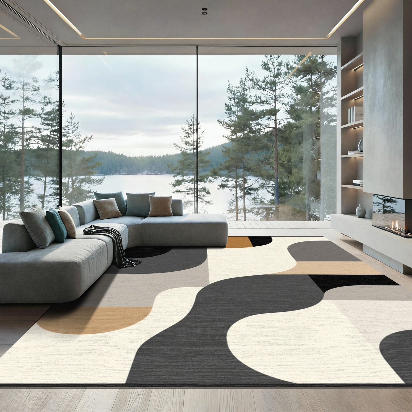 Abstract Terracotta Black Shapes Rug