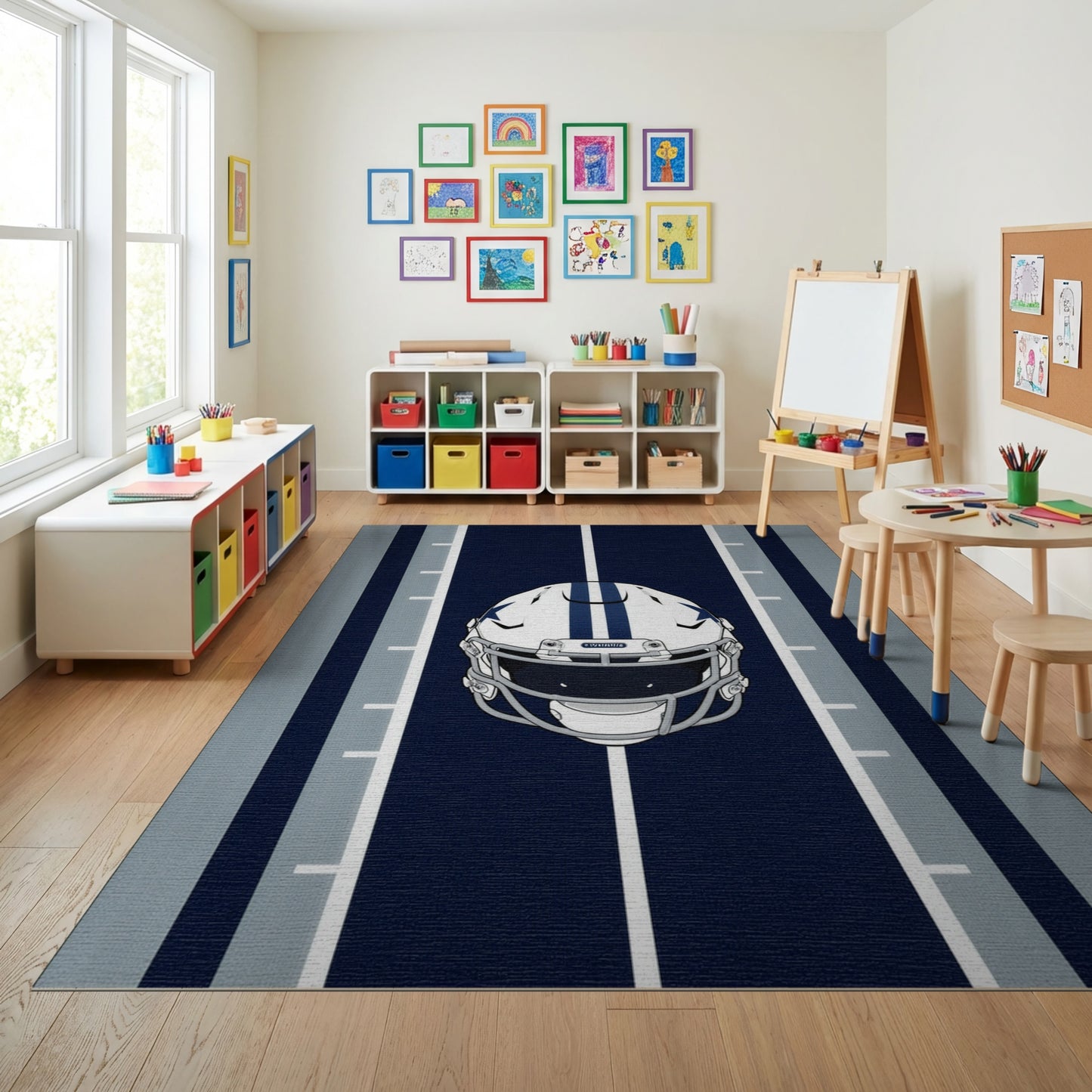 Navy White Striped Football Helmet Rug