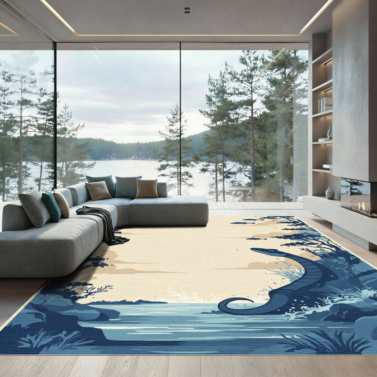 Mythical Serpent Blue Aquatic Landscape Rug