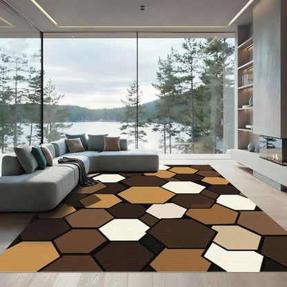 Modern Earthy Brown Geometric Hexagon Rug