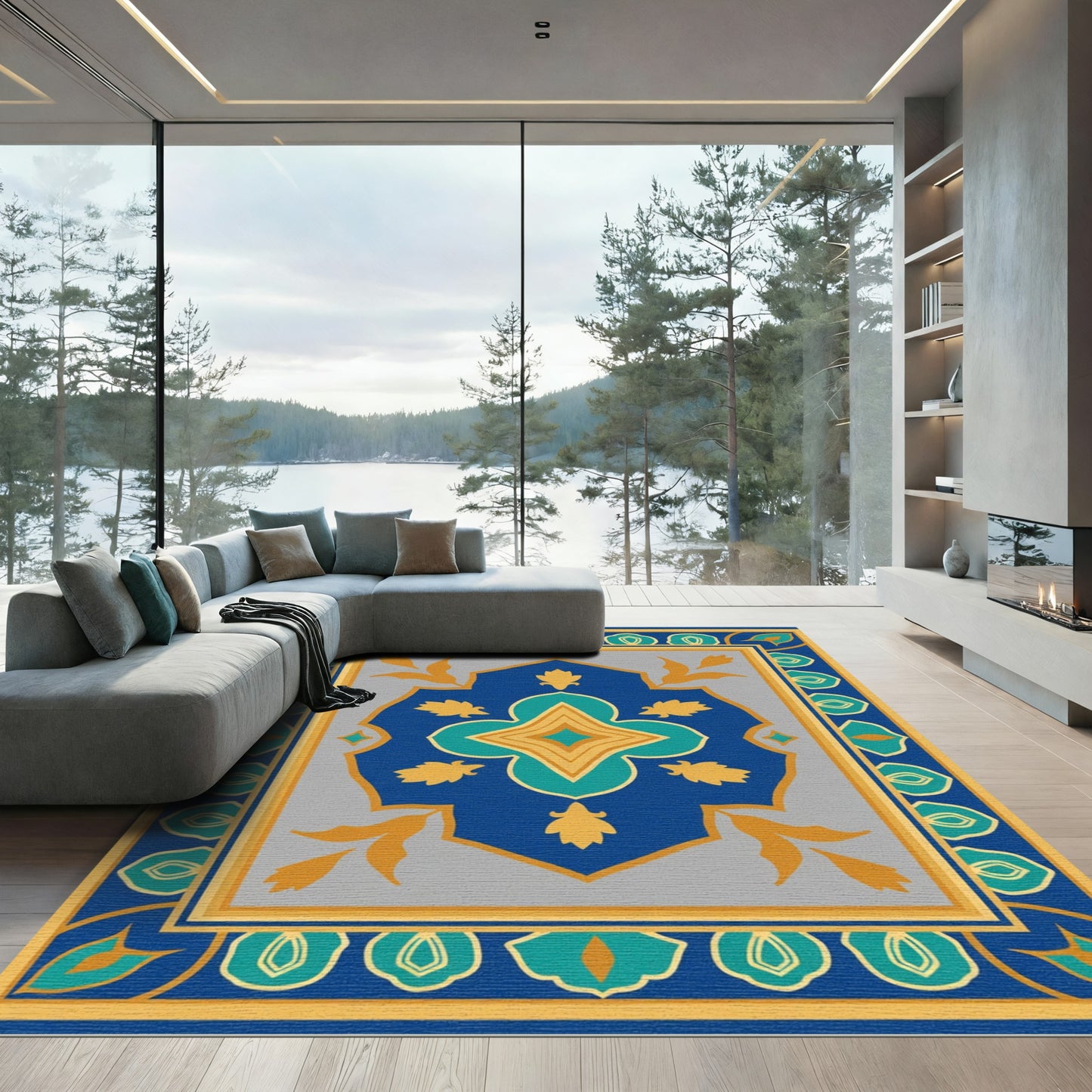 Deep Blue Golden Medallion Border Rug
