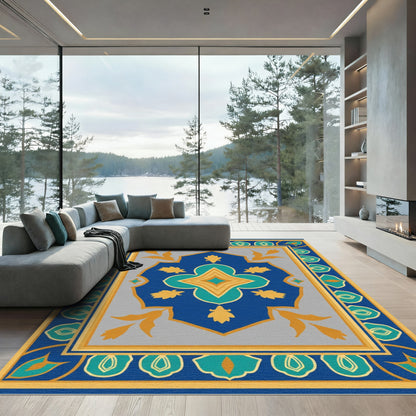 Deep Blue Golden Medallion Border Rug