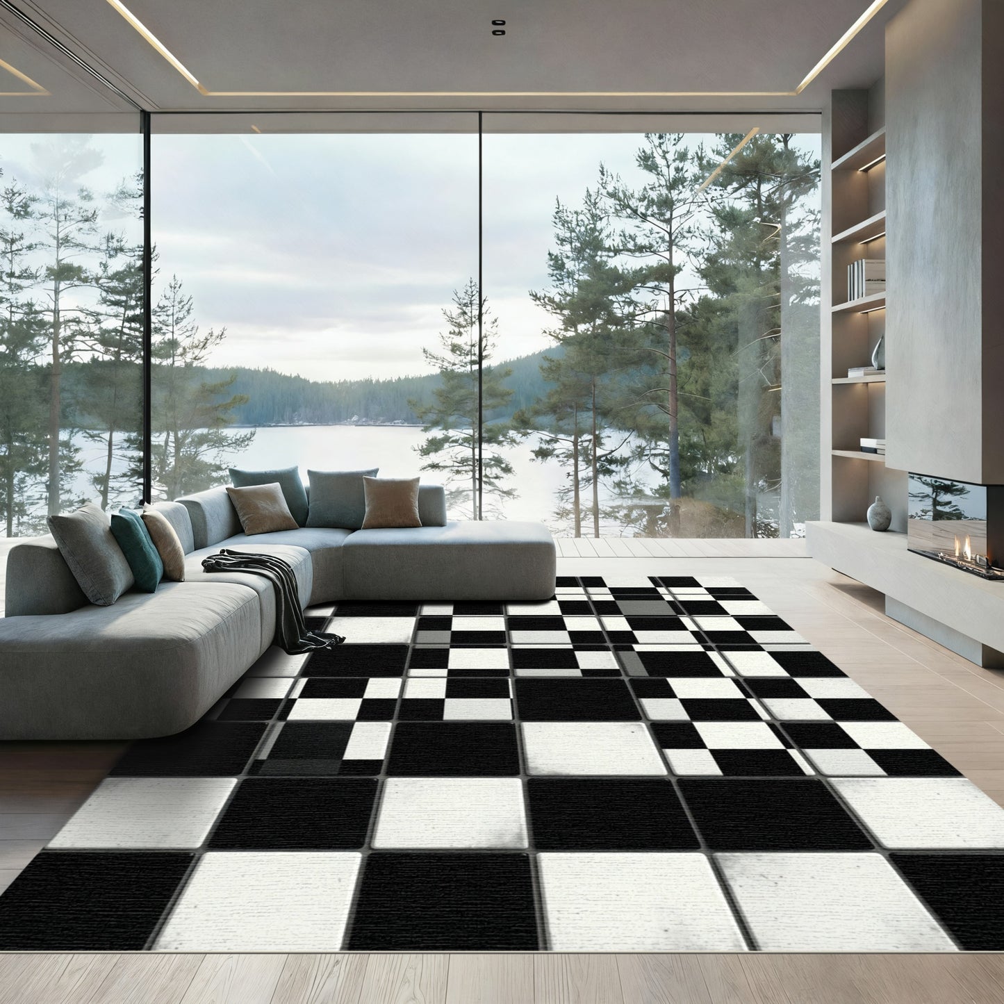 Monochromatic Abstract Checkered Geometric Tile Rug