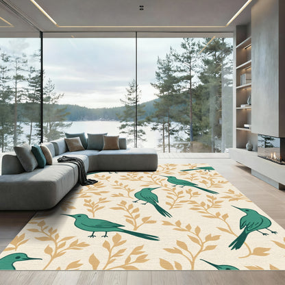 Teal Birds Tropical Foliage Cream Rug