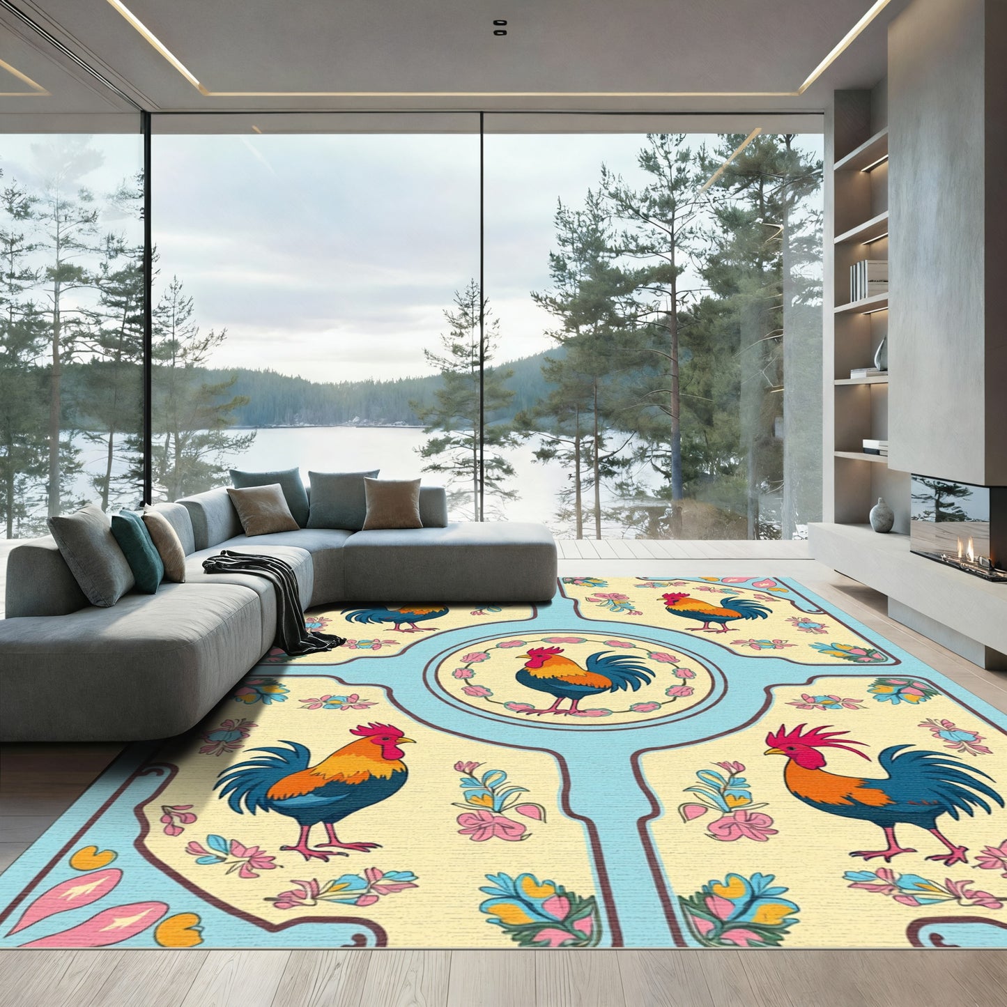Sky Blue Rooster Floral Medallion Rug