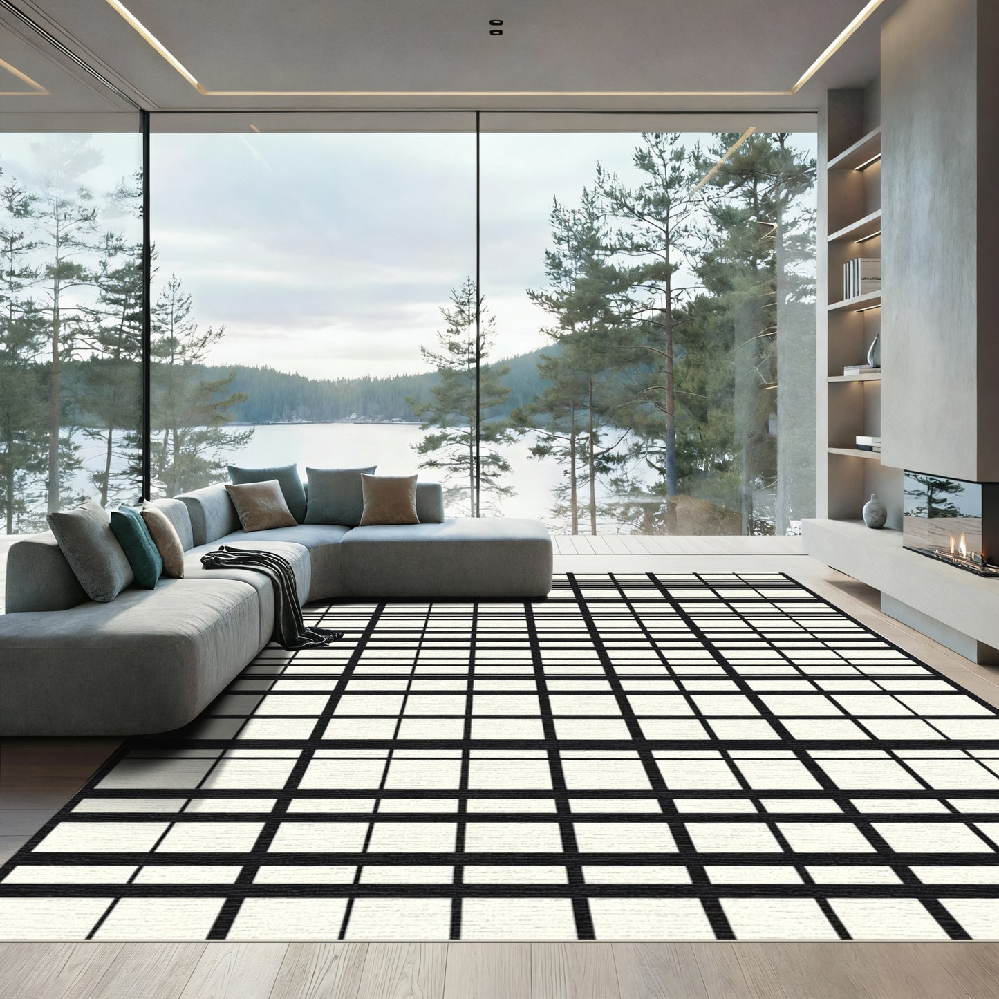 Modern Black Grid Stripe Rug