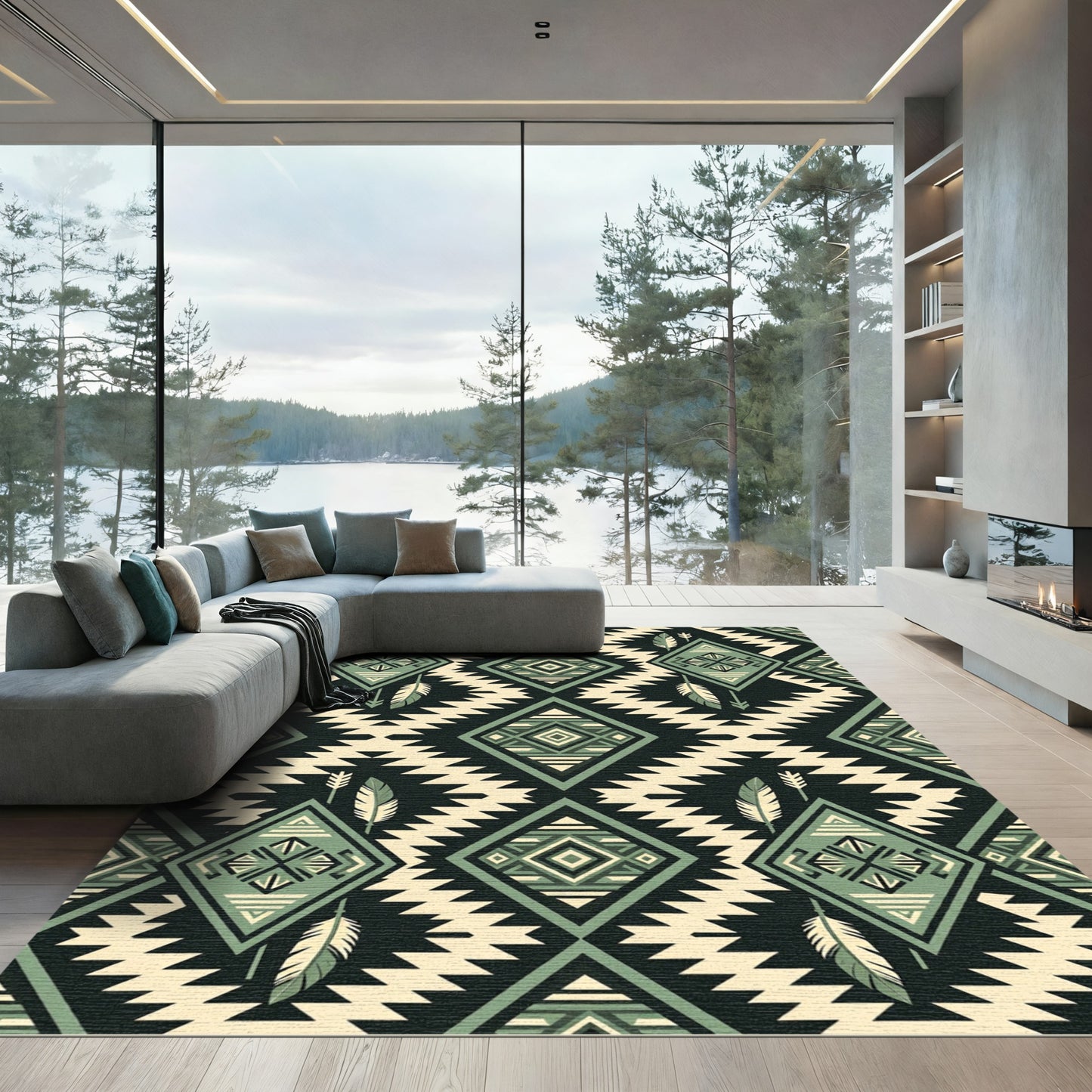Sage Green Geometric Arrow Feather Tapestry Rug