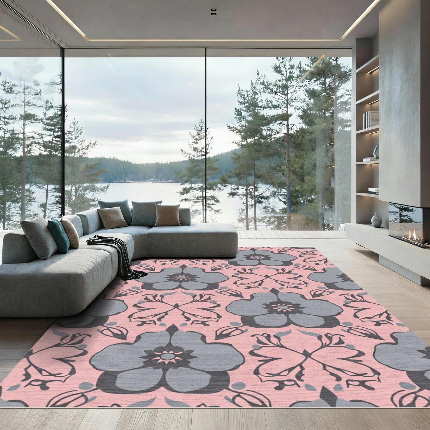 Pink Gray Floral Damask Art Rug