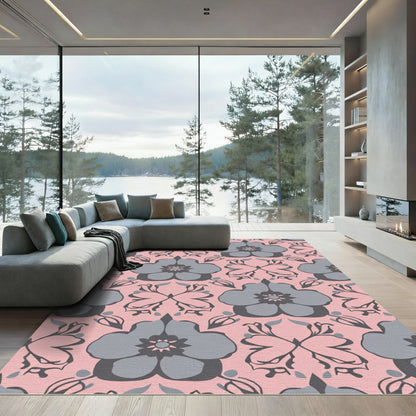 Pink Gray Floral Damask Art Rug