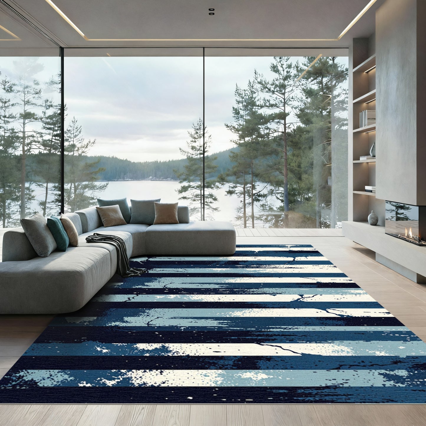 Abstract Blue Splatter Stripe Rug