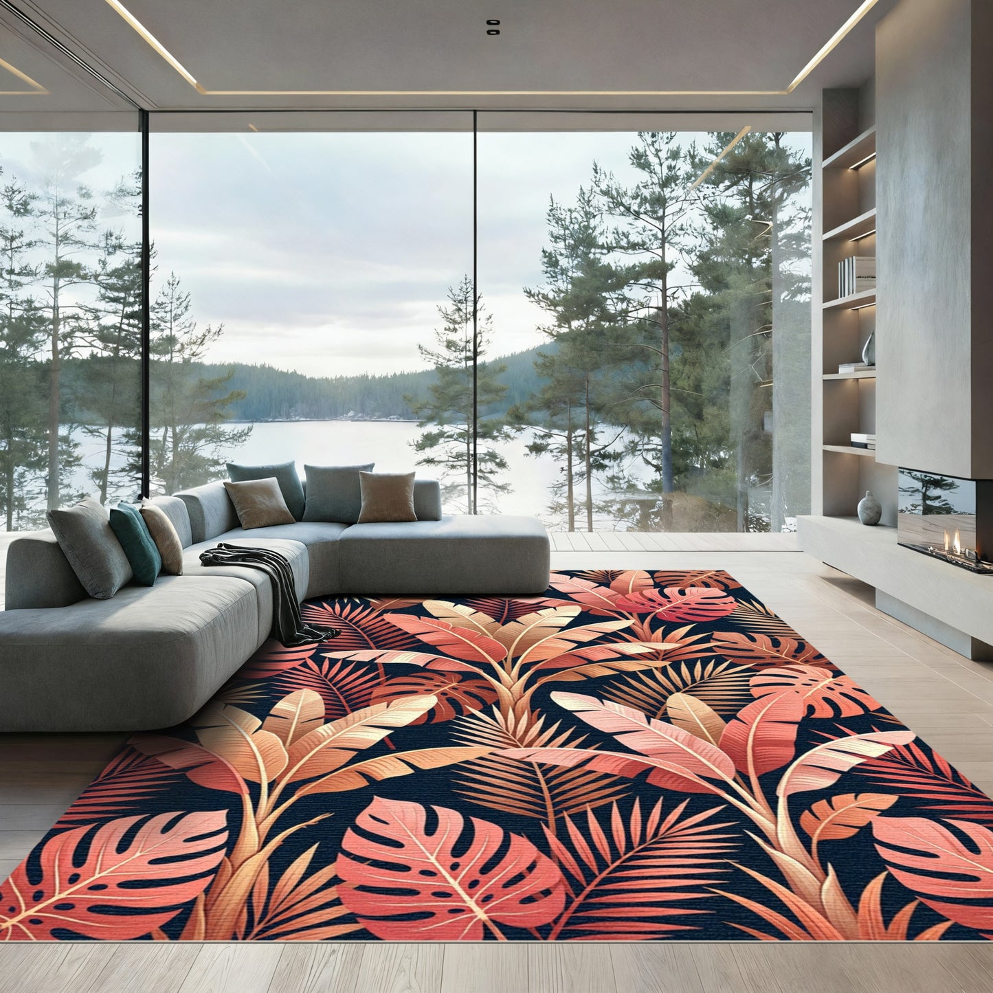 Coral Pink Tropical Jungle Leaves Rug
