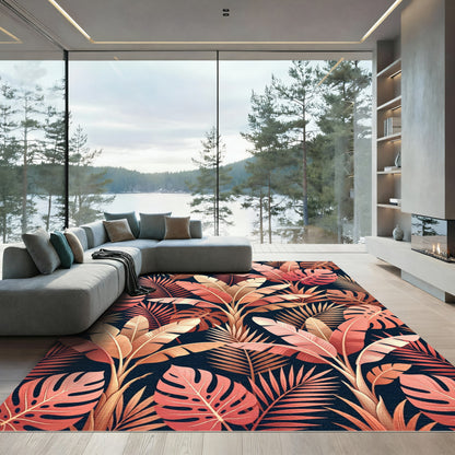 Coral Pink Tropical Jungle Leaves Rug
