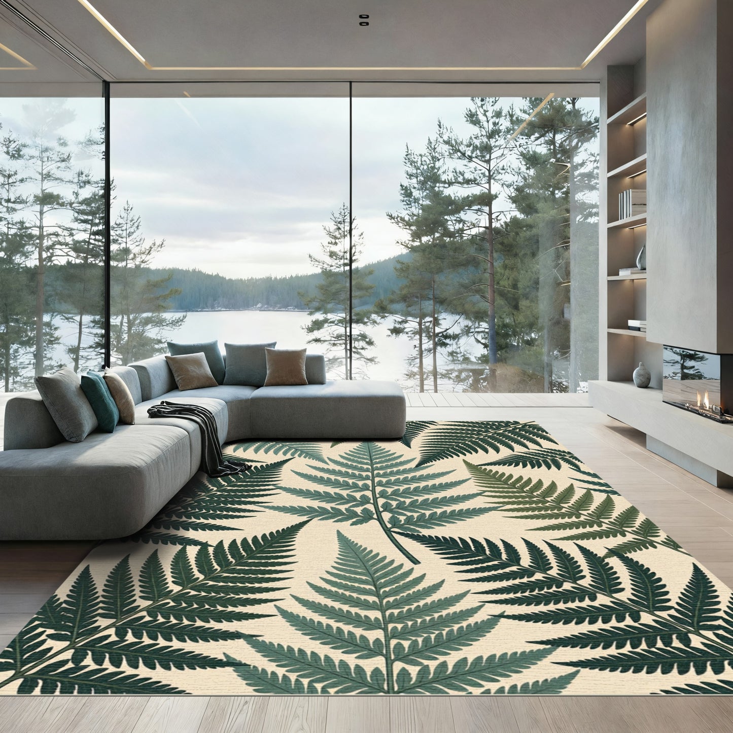 Emerald Green Fern Foliage Pattern Rug