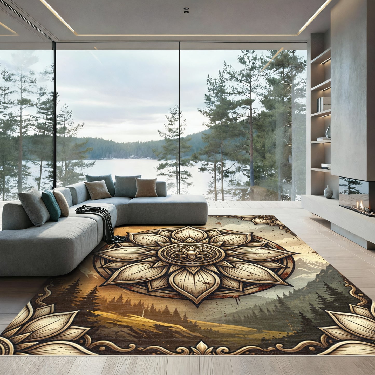 Golden Lotus Mandala Mountain Landscape Rug