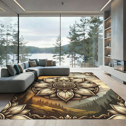 Golden Lotus Mandala Mountain Landscape Rug