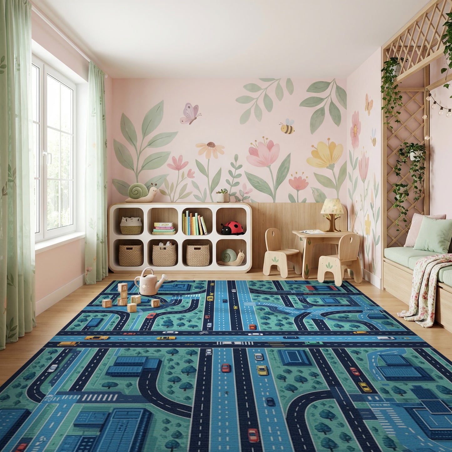 Stylized Teal City Road Map Rug