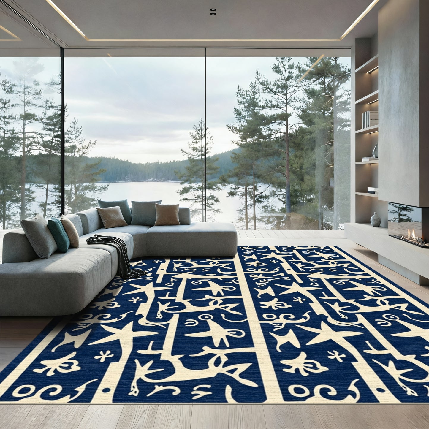 Coastal Ivory Navy Abstract Figures Rug