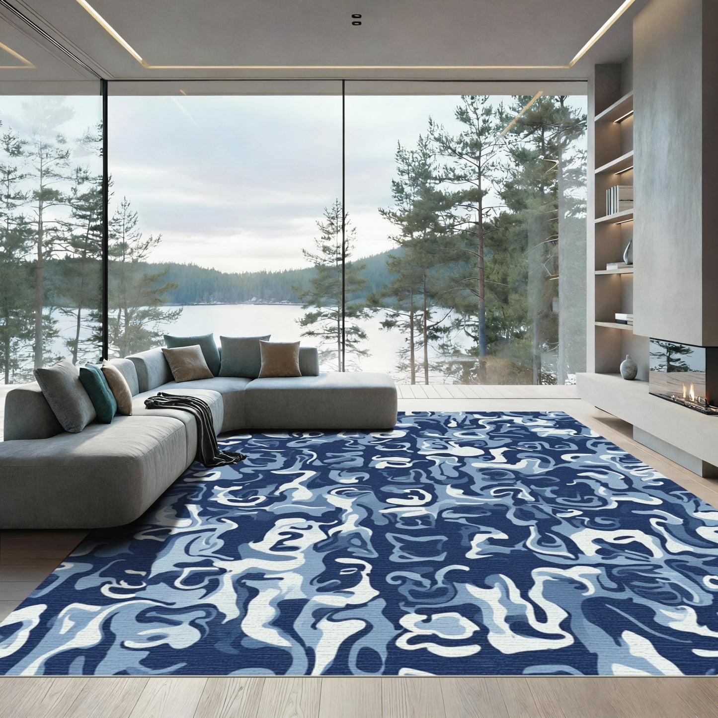 Abstract Blue White Camouflage Blend Rug