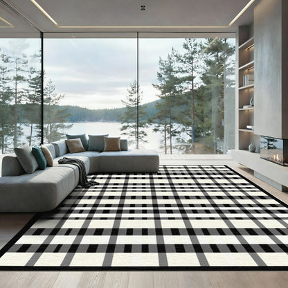 Bold Monochrome Tartan Crossing Lines Rug