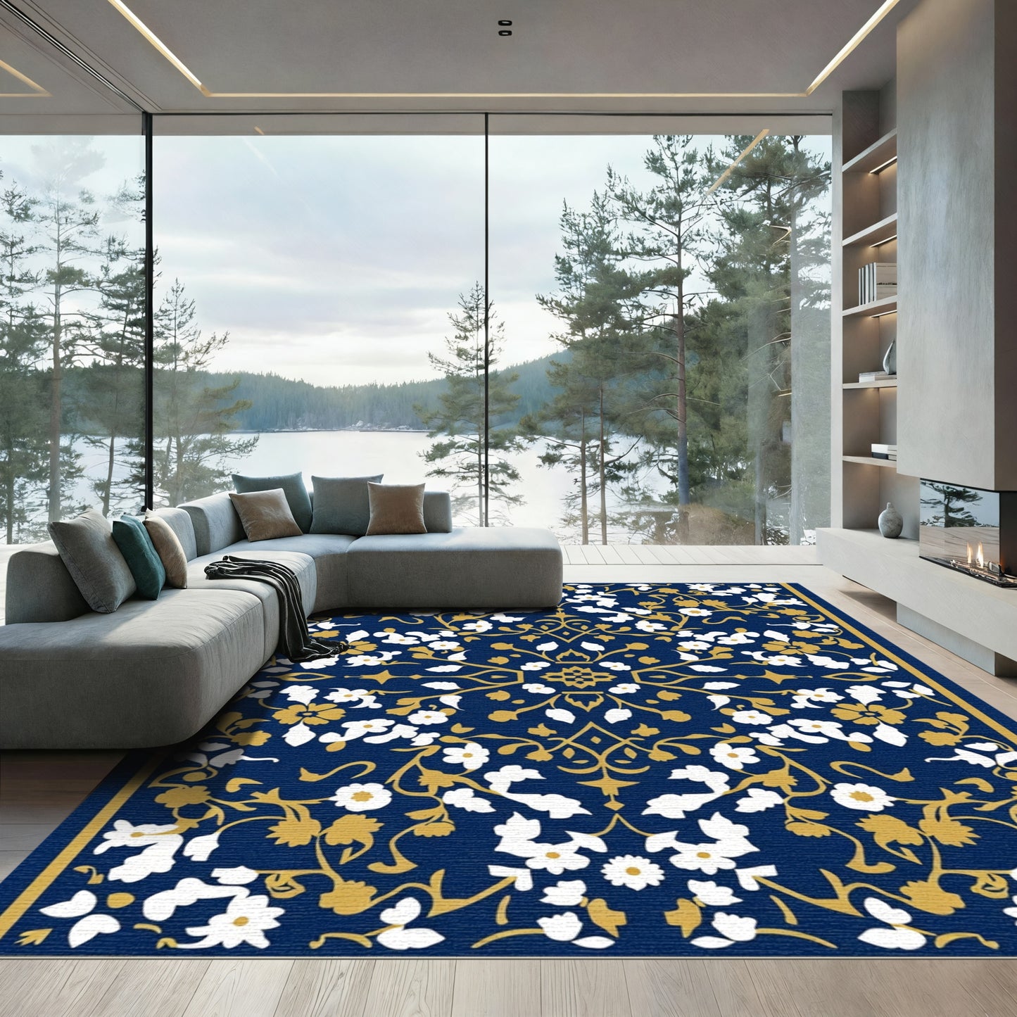 Deep Blue Golden Floral Scroll Rug