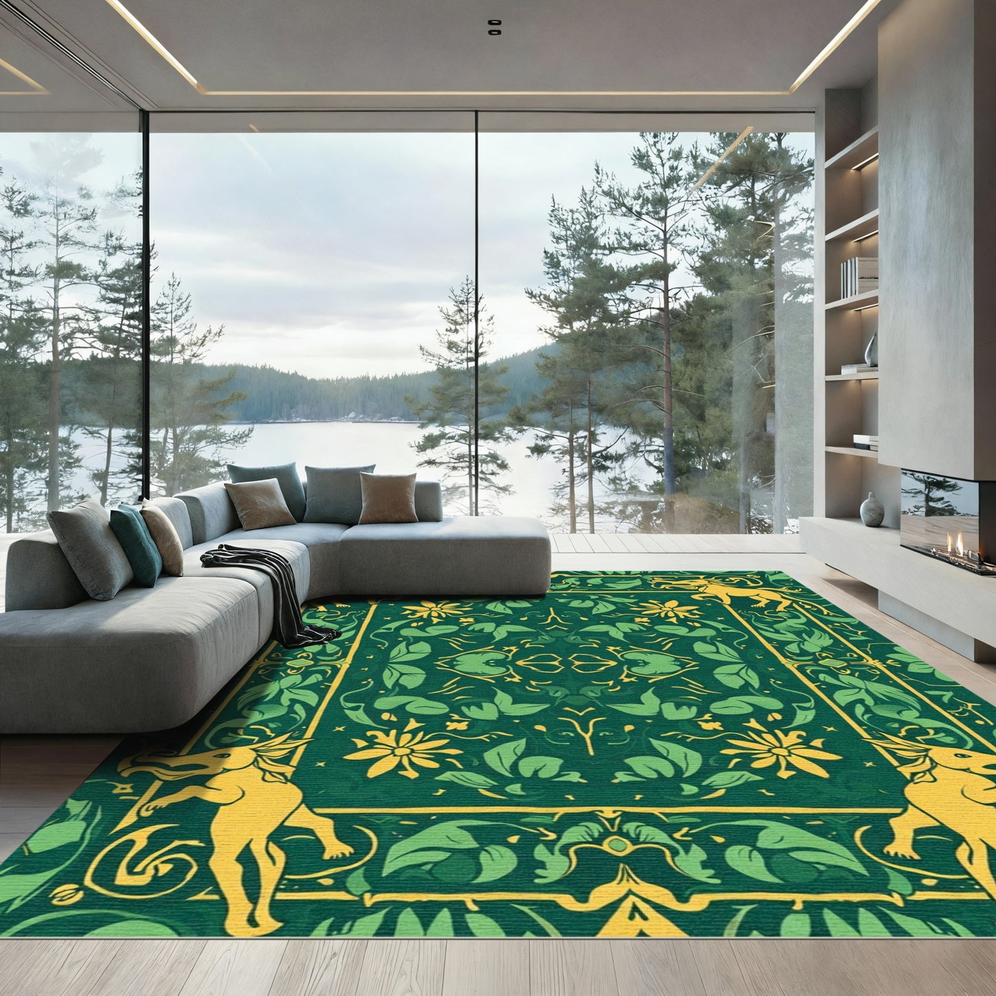 Golden Mythical Beasts Green Floral Rug