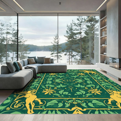 Golden Mythical Beasts Green Floral Rug