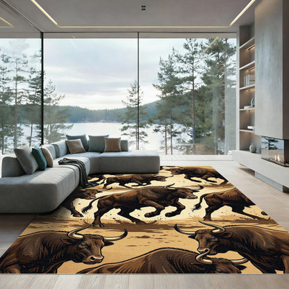 Dynamic Charging Bull Herd Earth Tones Rug