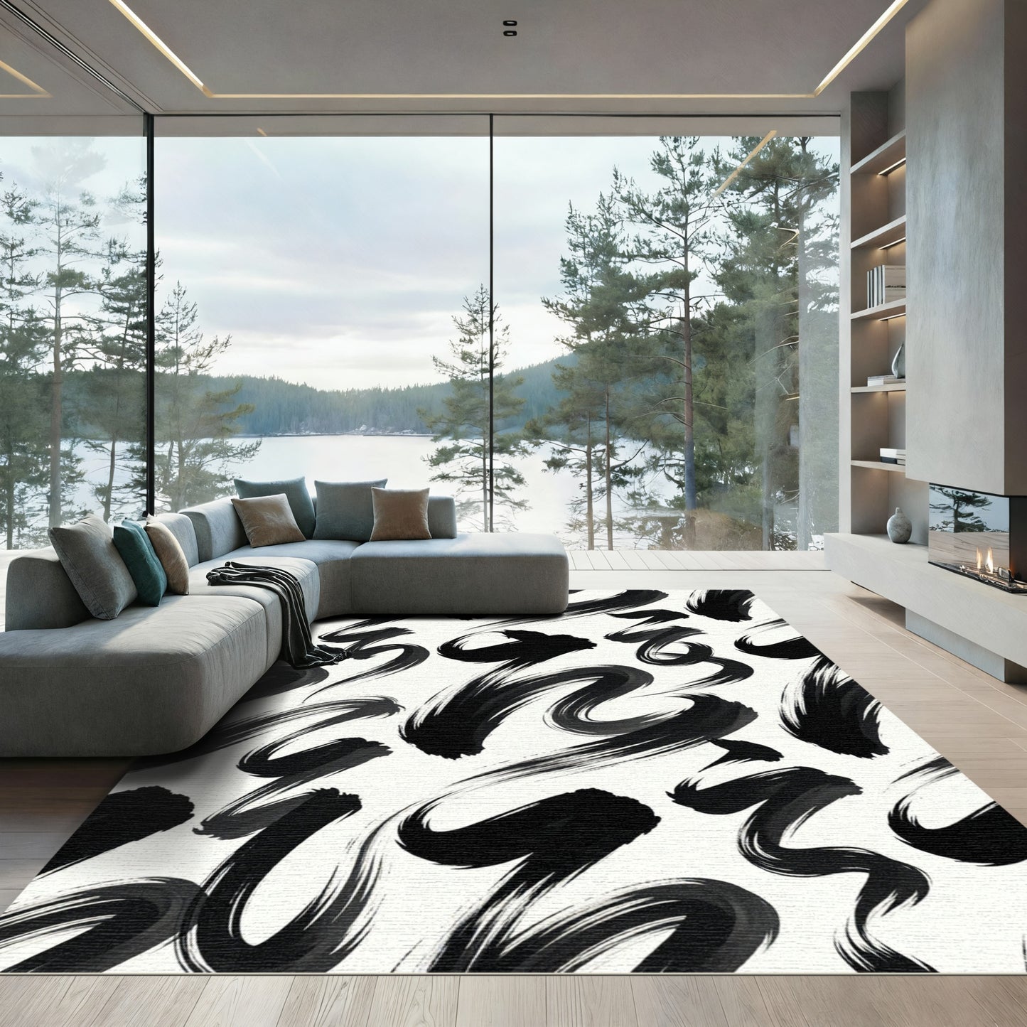 Bold Black Ink Brush Strokes Rug