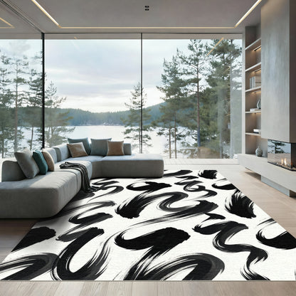 Bold Black Ink Brush Strokes Rug