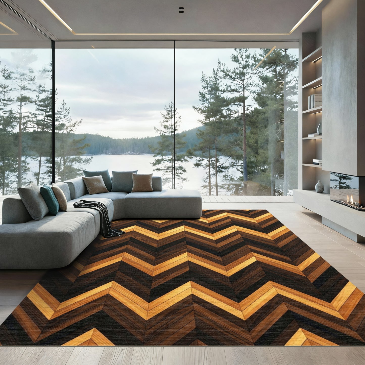 Rich Wood Toned Chevron Pattern Rug