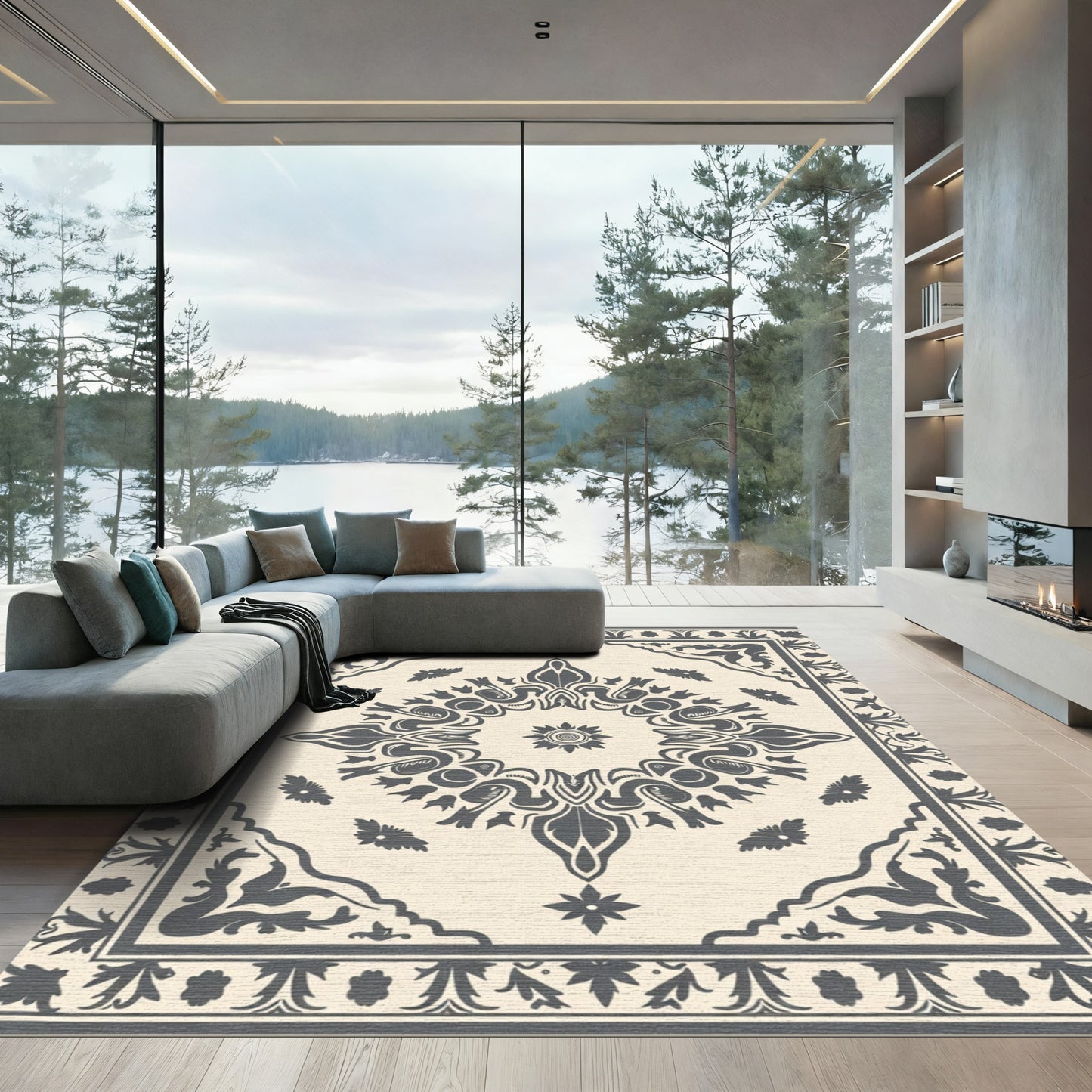 Cream Dark Gray Floral Medallion Rug