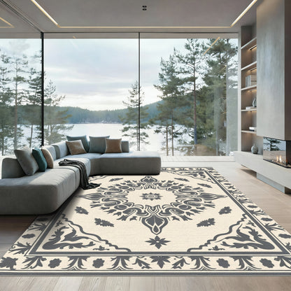 Cream Dark Gray Floral Medallion Rug