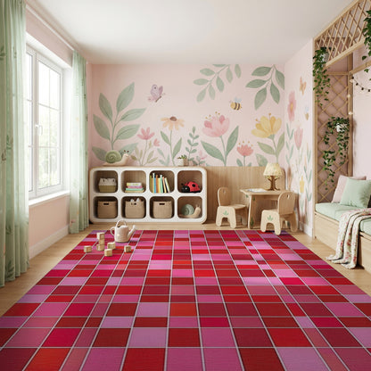 Bold Pink Red Mosaic Grid Rug