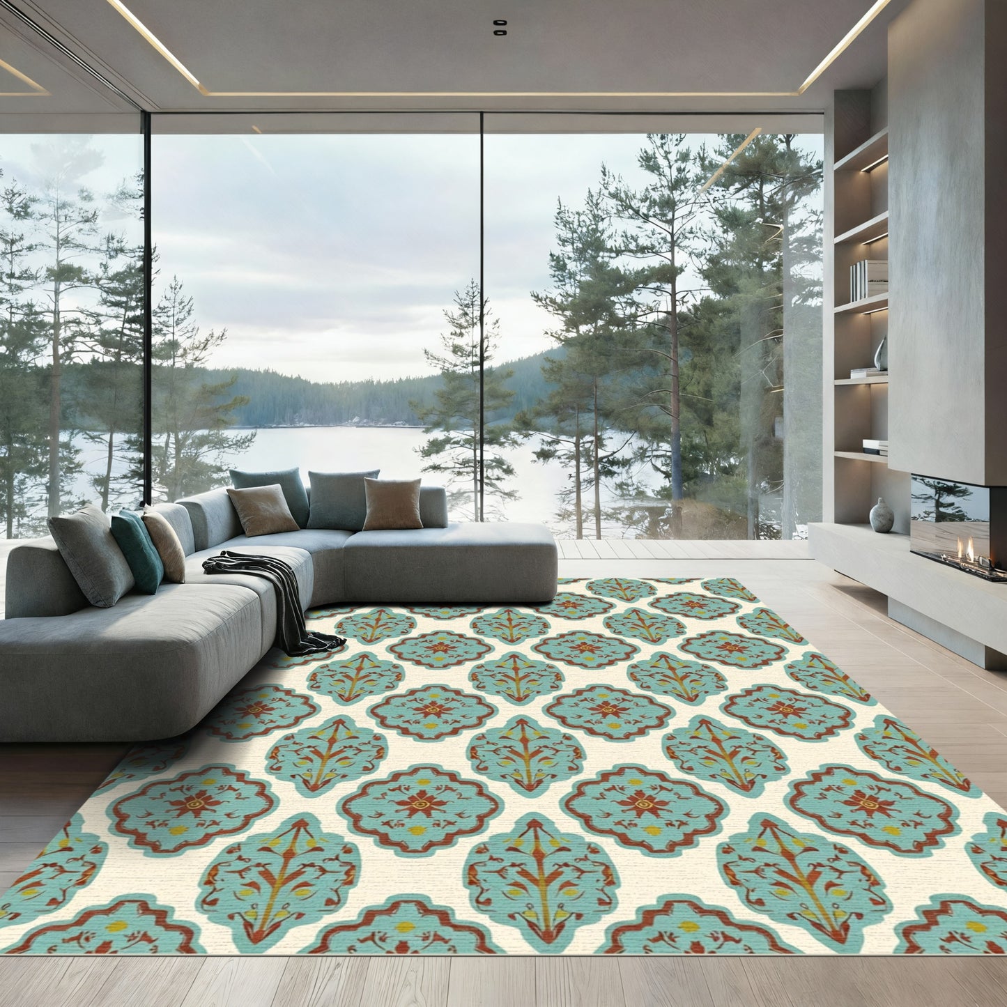 Teal Red Floral Medallion Repeating Layout Rug