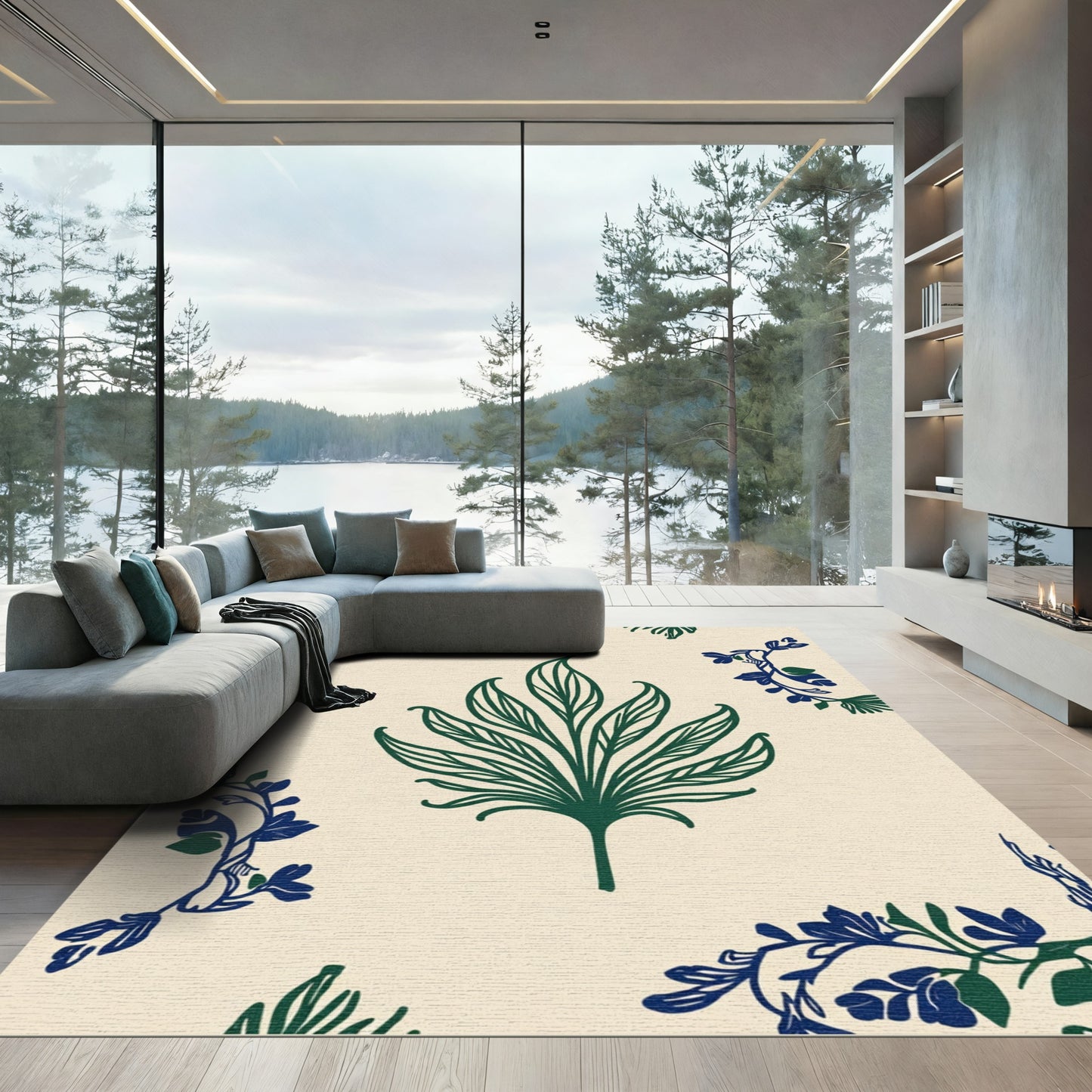 Green Navy Floral Outline Rug
