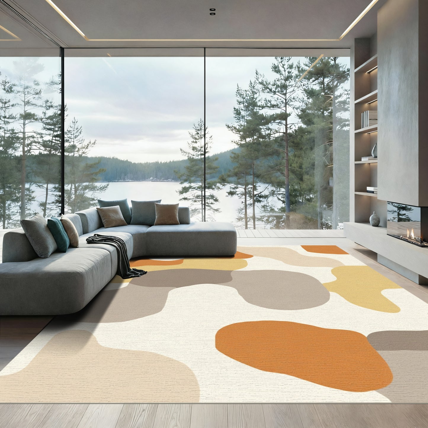 Abstract Organic Shapes Ochre Gray Flowing Rug