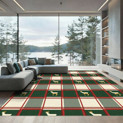 Festive Red Green Plaid Reindeer Rug