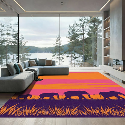 Vibrant Elephant Herd Sunset Silhouette Rug