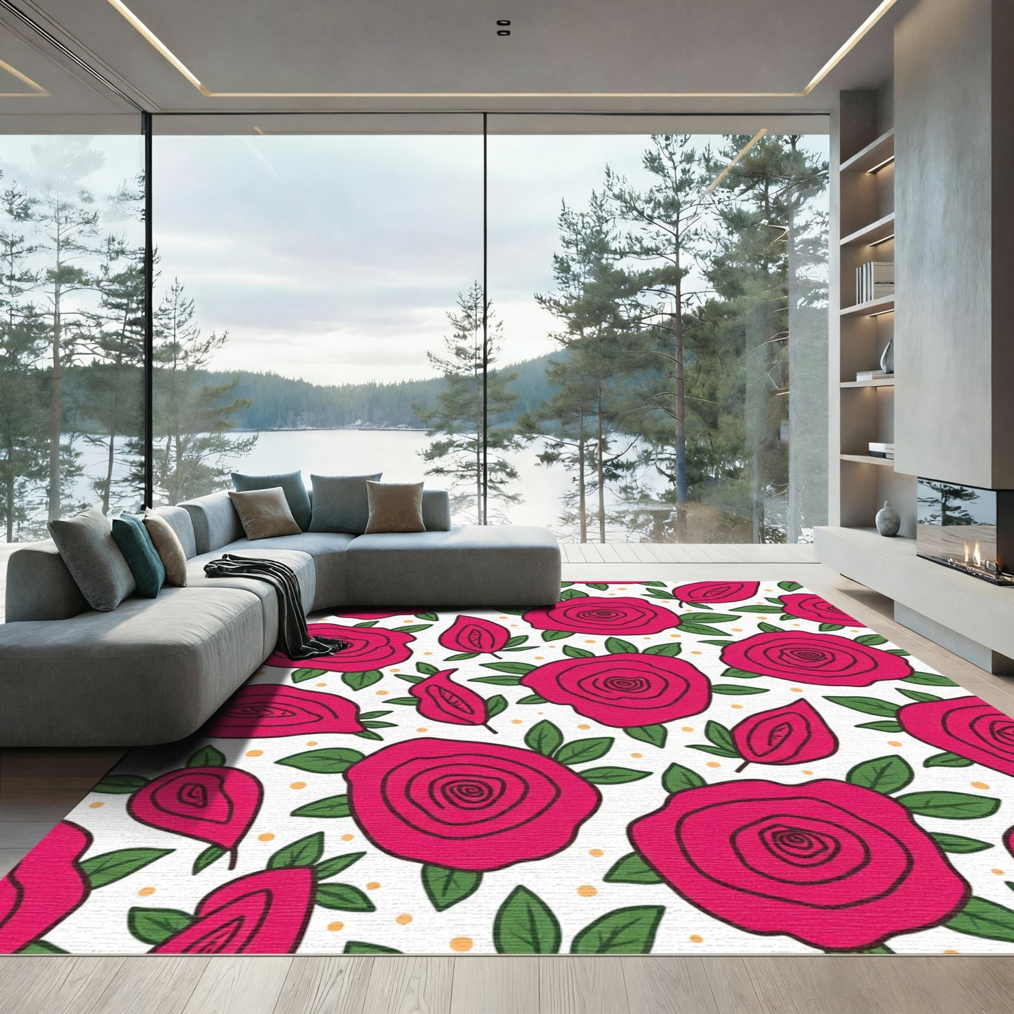 Bold Pink Rose Botanical Garden Rug