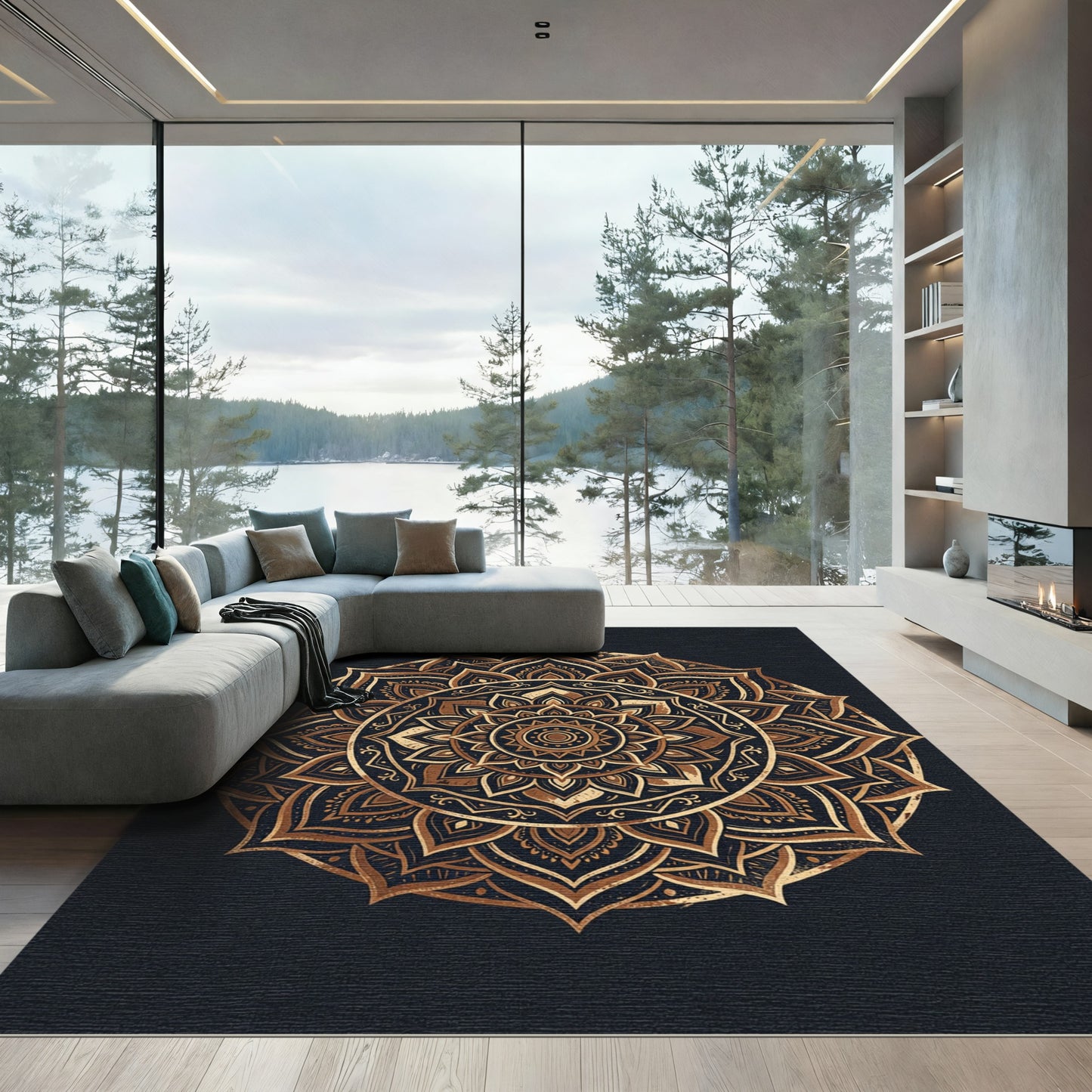 Elegant Gold Mandala Floral Circle Rug