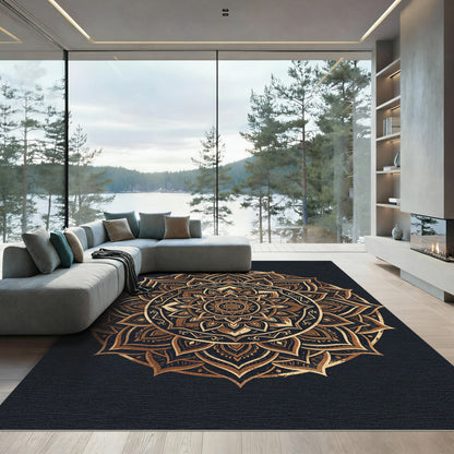 Elegant Gold Mandala Floral Circle Rug