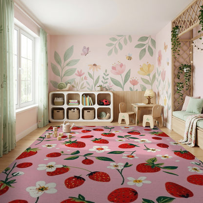 Whimsical Pink Strawberry Floral Rug
