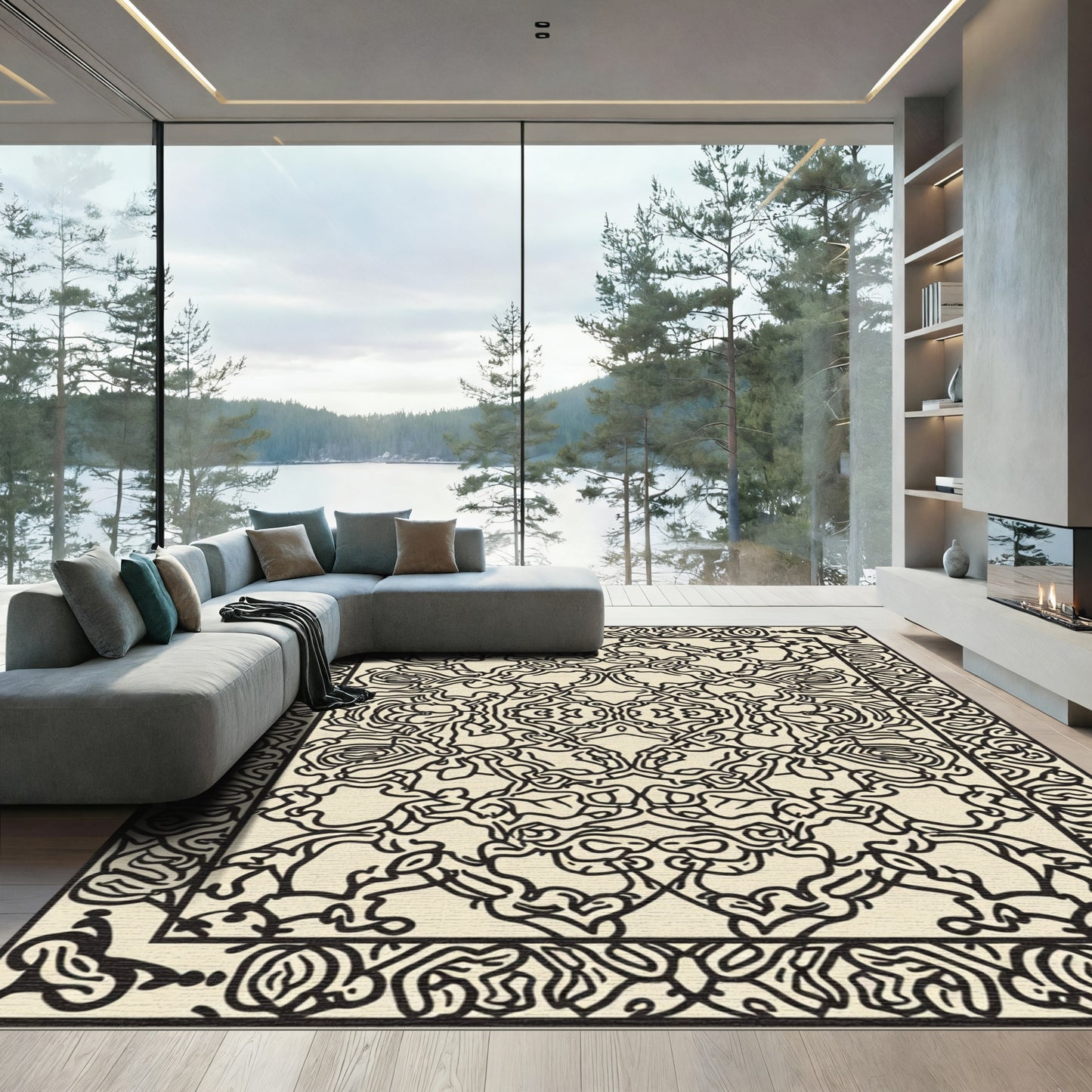 Cream Black Organic Scroll Meadow Rug