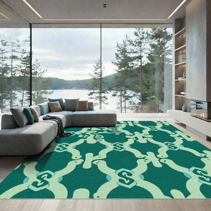 Teal Abstract Interlocking Lattice Rug